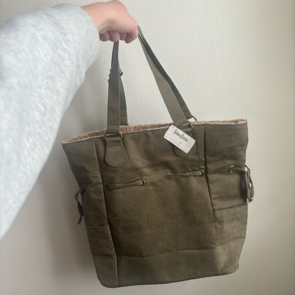NWT Neiman Marcus Olive Green Faux Suede And Fur Tote Shoulder Bag